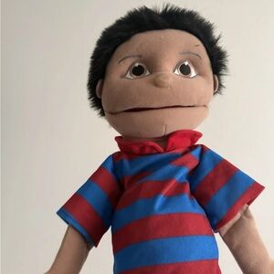 Striped Shirt Hand Puppet with Blue Pants and Red Shoes